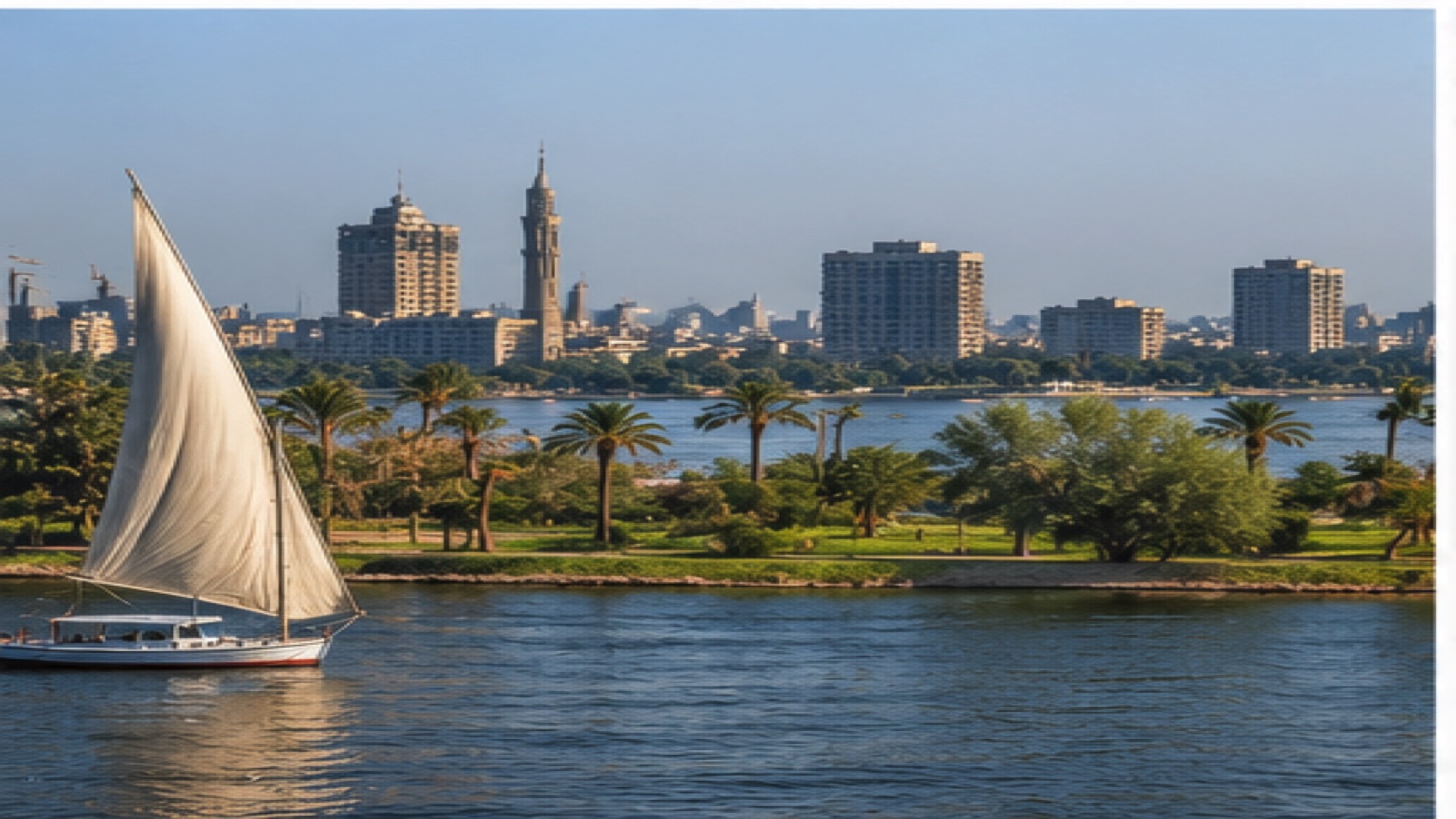 Nile river sailboat with Cairo skyline in the distance