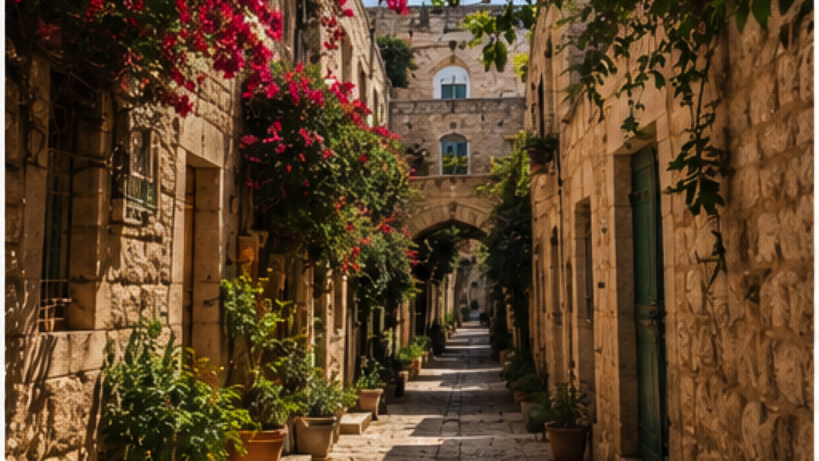 Stone lane with flowers in an old city neighborhood
