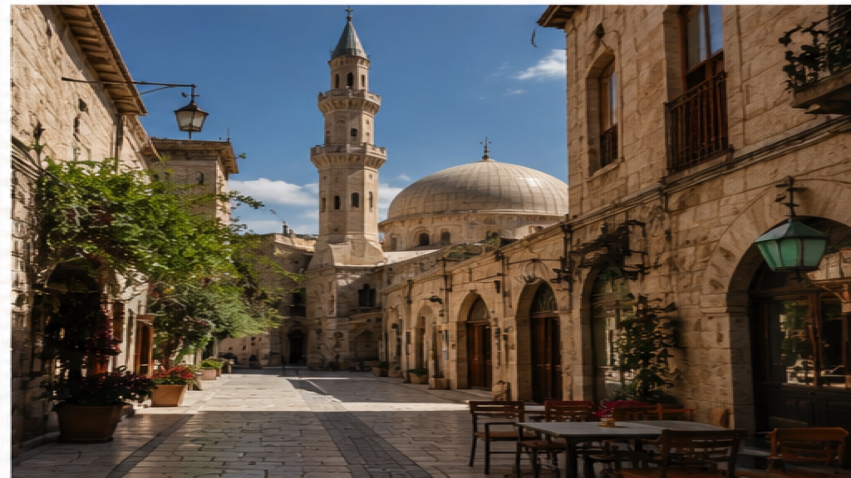 Old Damascus lane with mosque minaret and stone buildings