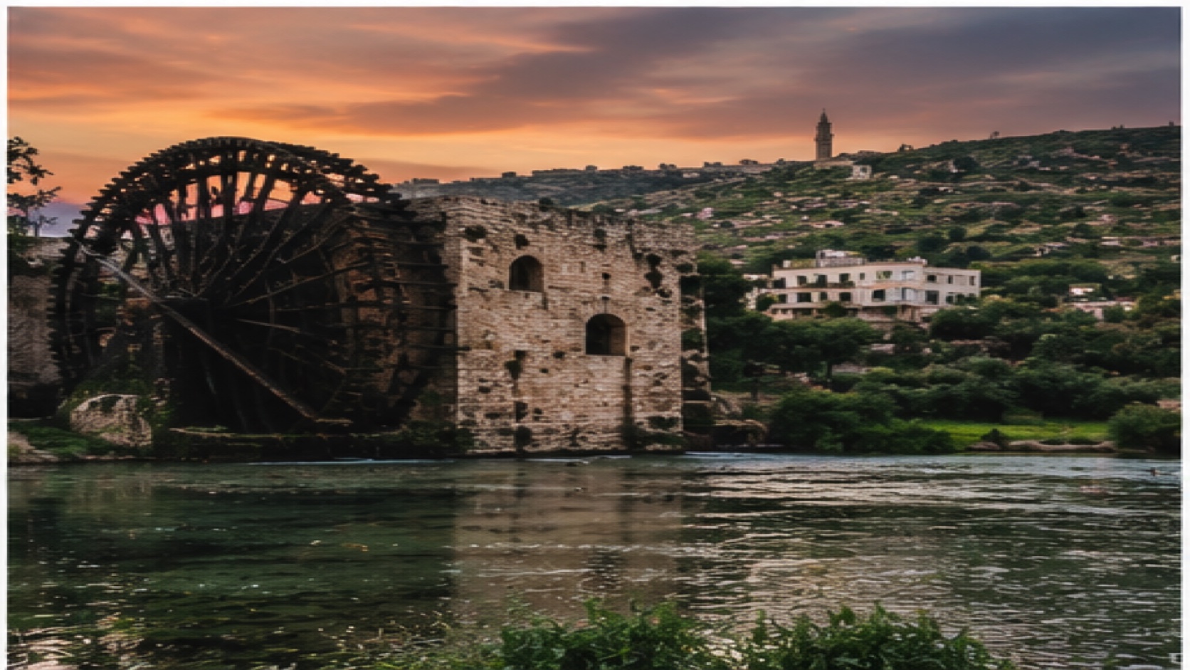 Hama waterwheel beside the river at sunset