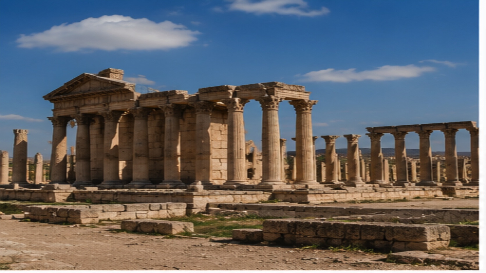 Ancient Palmyra ruins with stone columns under a blue sky