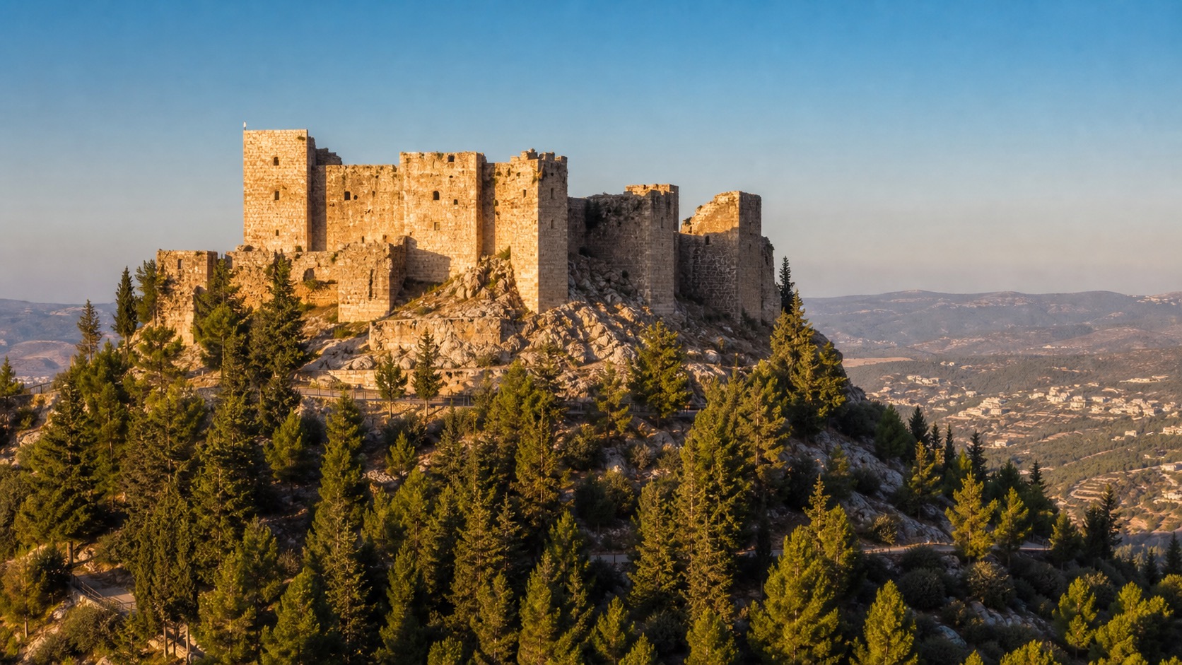 Ajloun Castle above green forested hills in northern Jordan