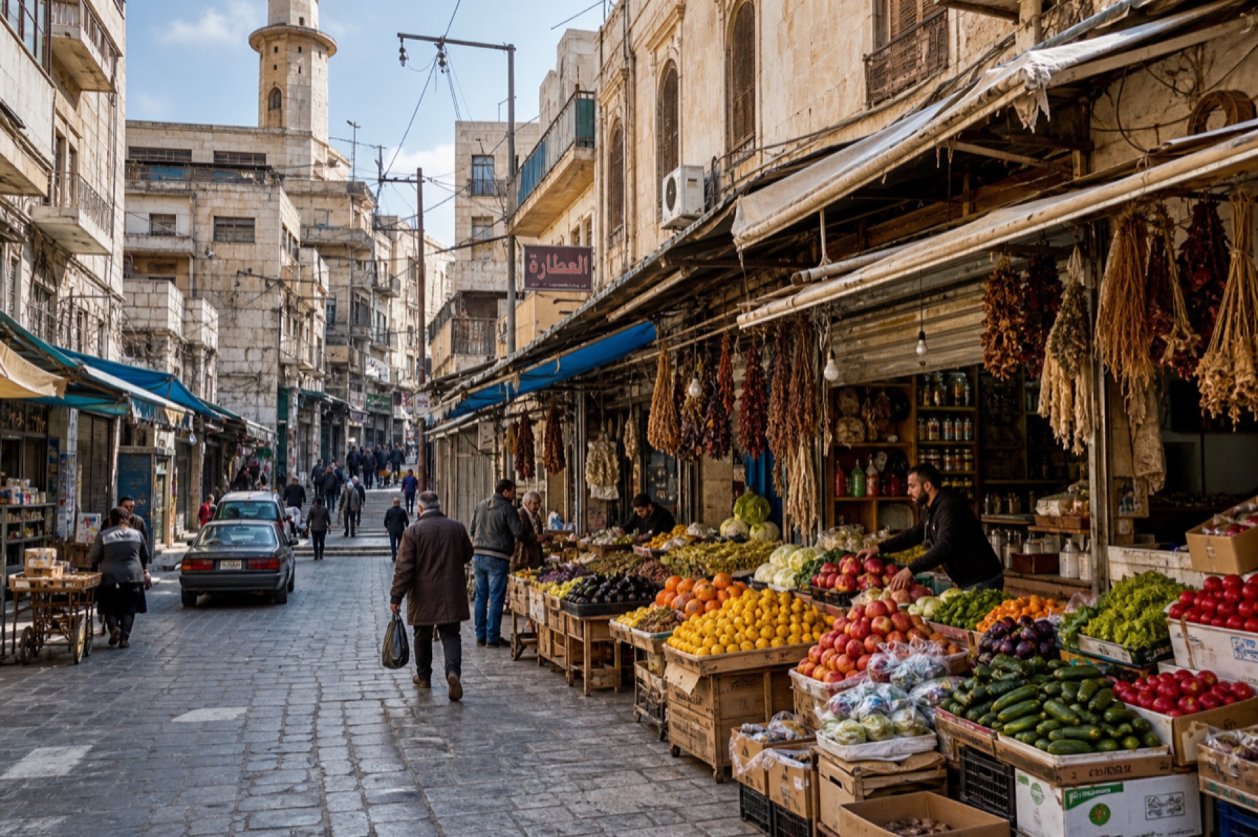 Downtown Amman with traditional markets and old limestone buildings
