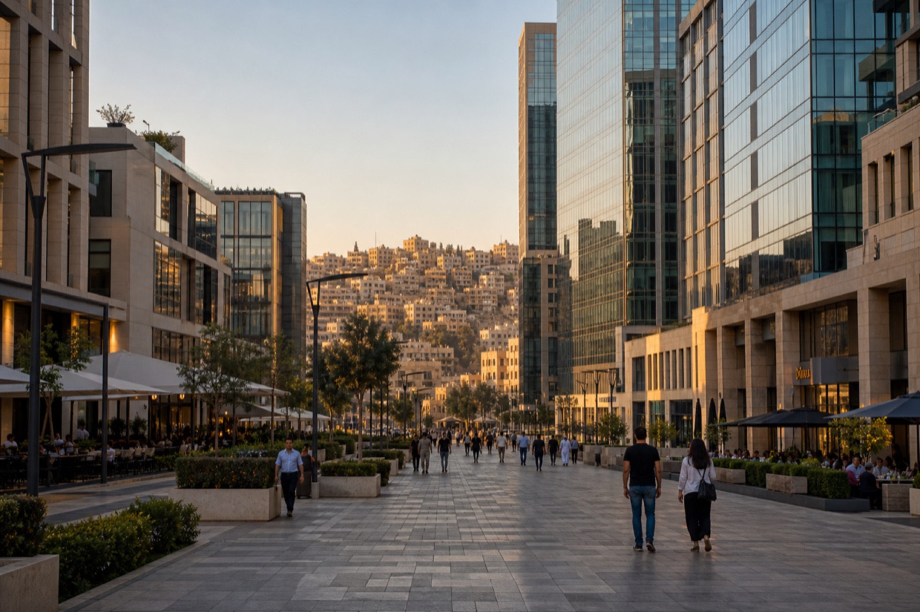 Modern Abdali area in Amman with old city hills in the distance