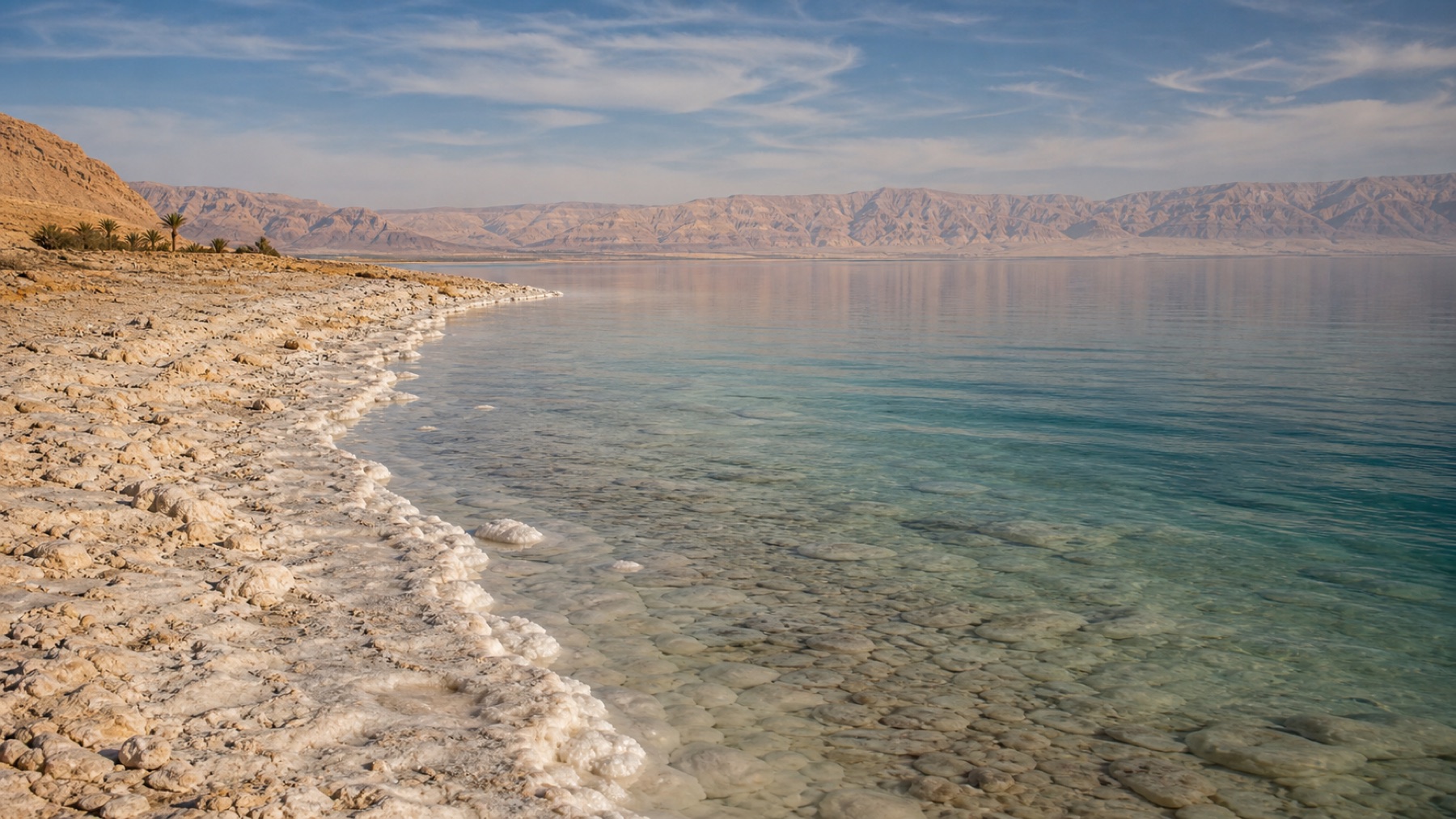 Calm Dead Sea shore with mineral water and desert mountains