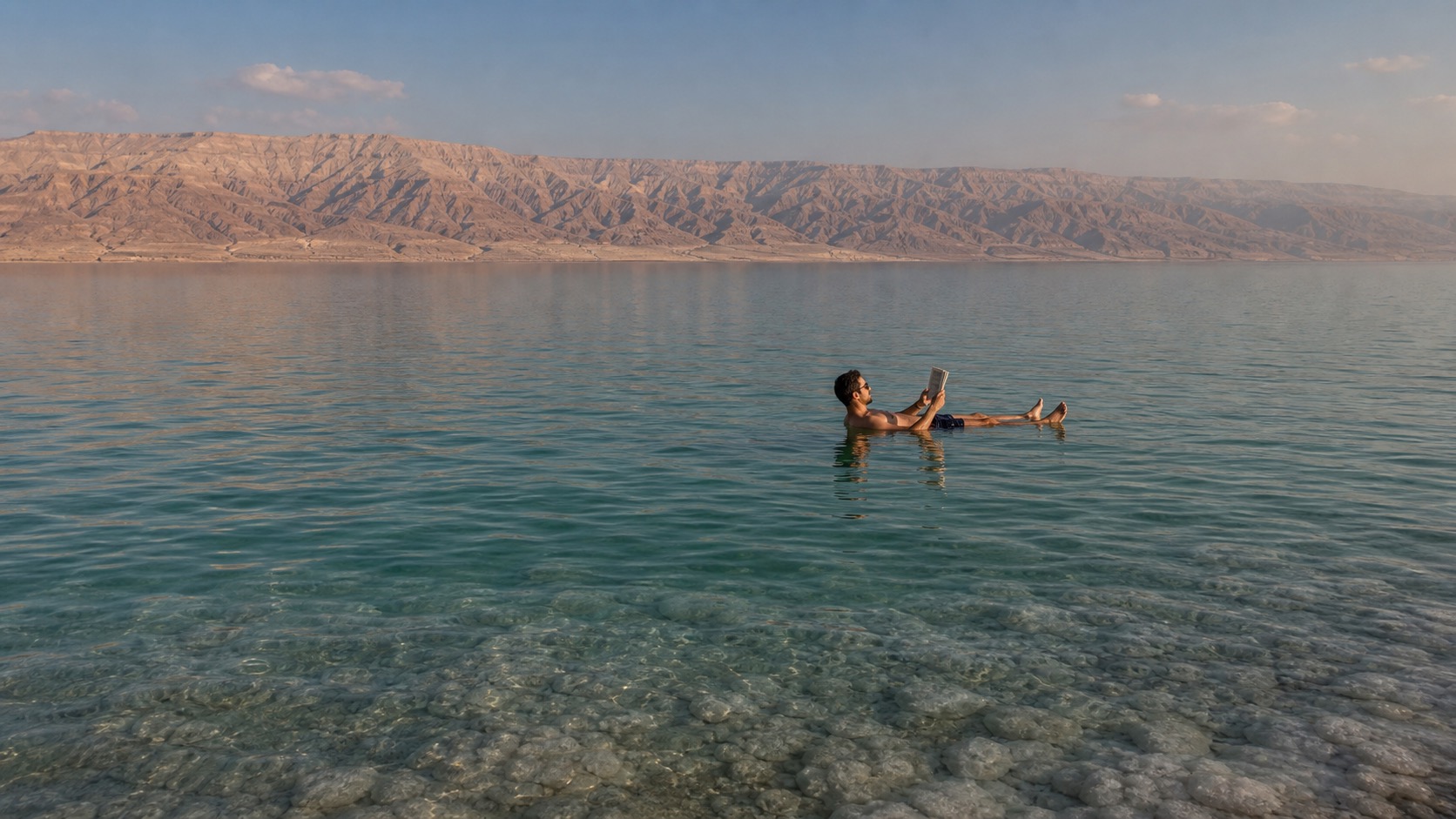 Traveler floating in the Dead Sea with Jordanian mountains beyond