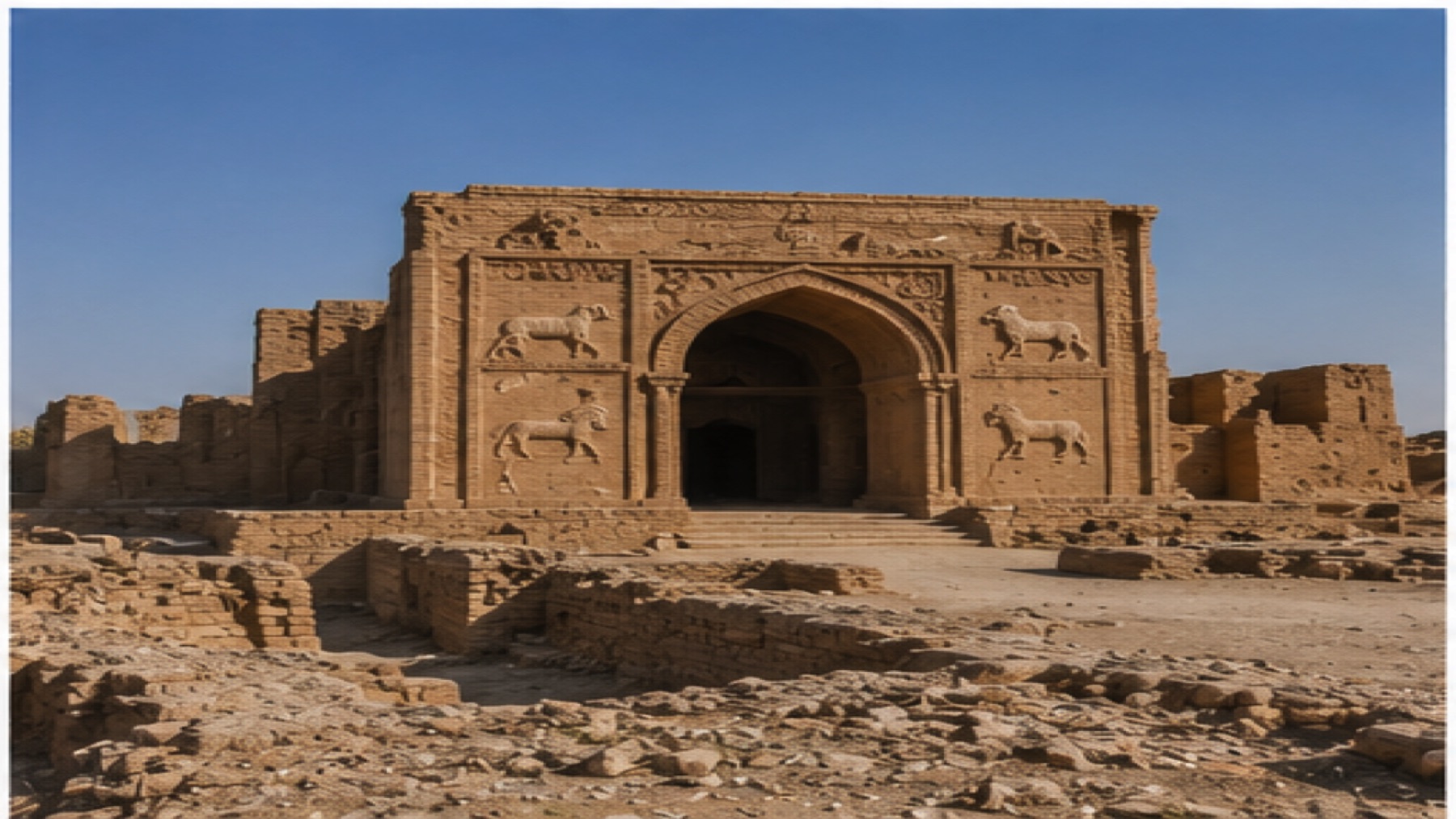 Ancient brick ruins and carved gateway in Iraq