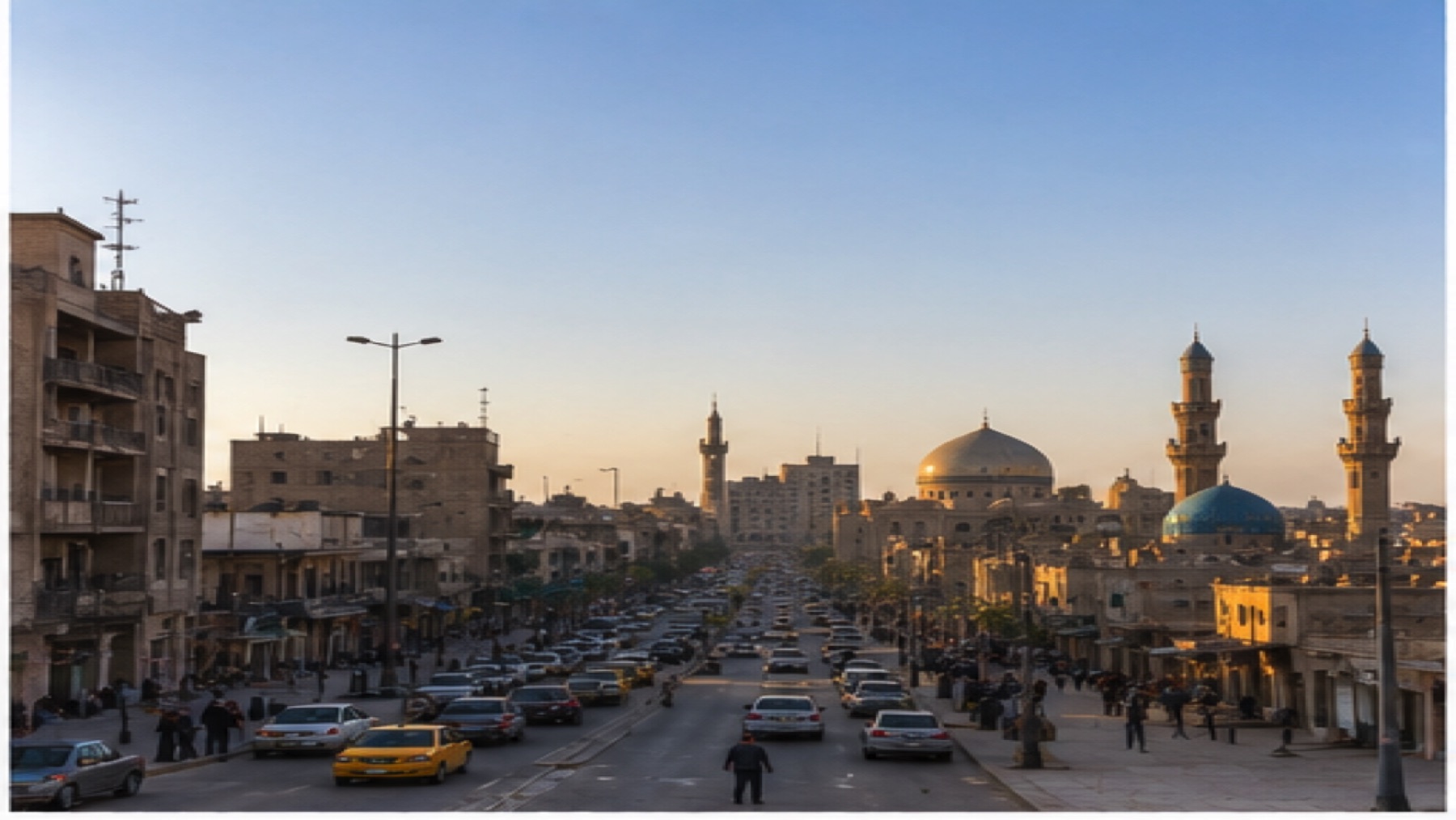 Busy Baghdad street with mosque domes and minarets