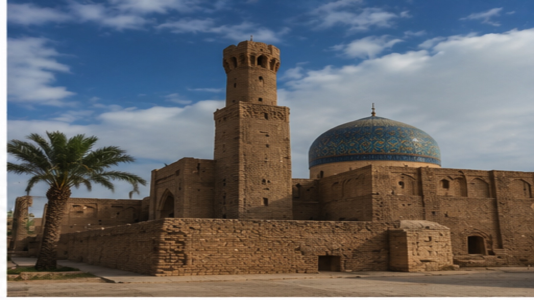 Historic mosque complex with a blue dome and minaret in Iraq