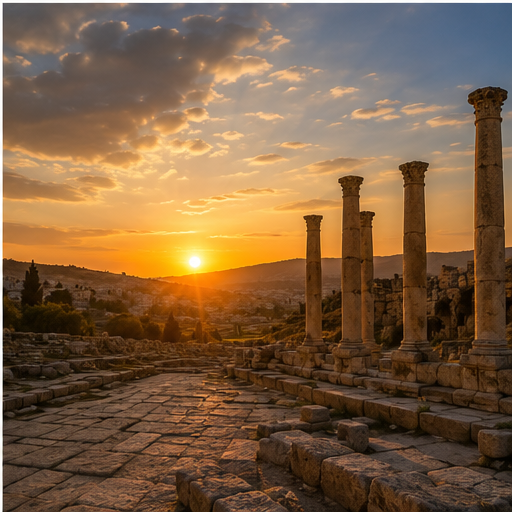 Jerash Roman columns at golden hour sunset