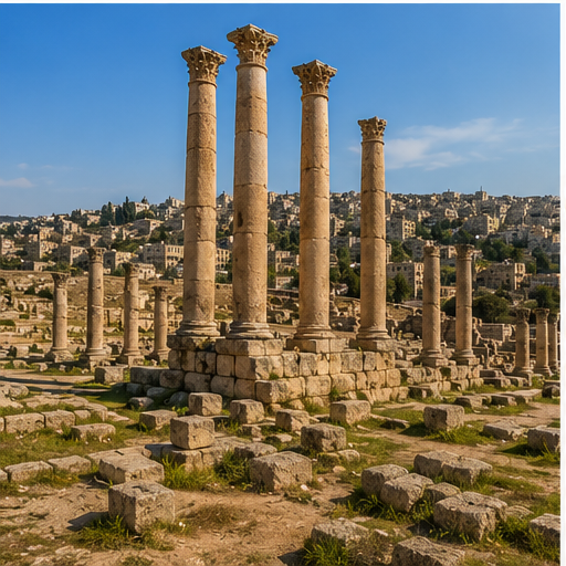 Temple columns in Jerash under soft sky