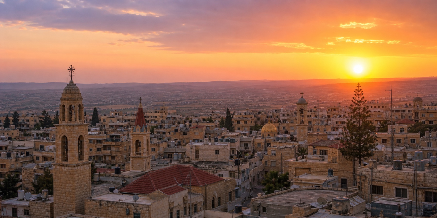 Panoramic sunset view over Madaba with churches and traditional architecture