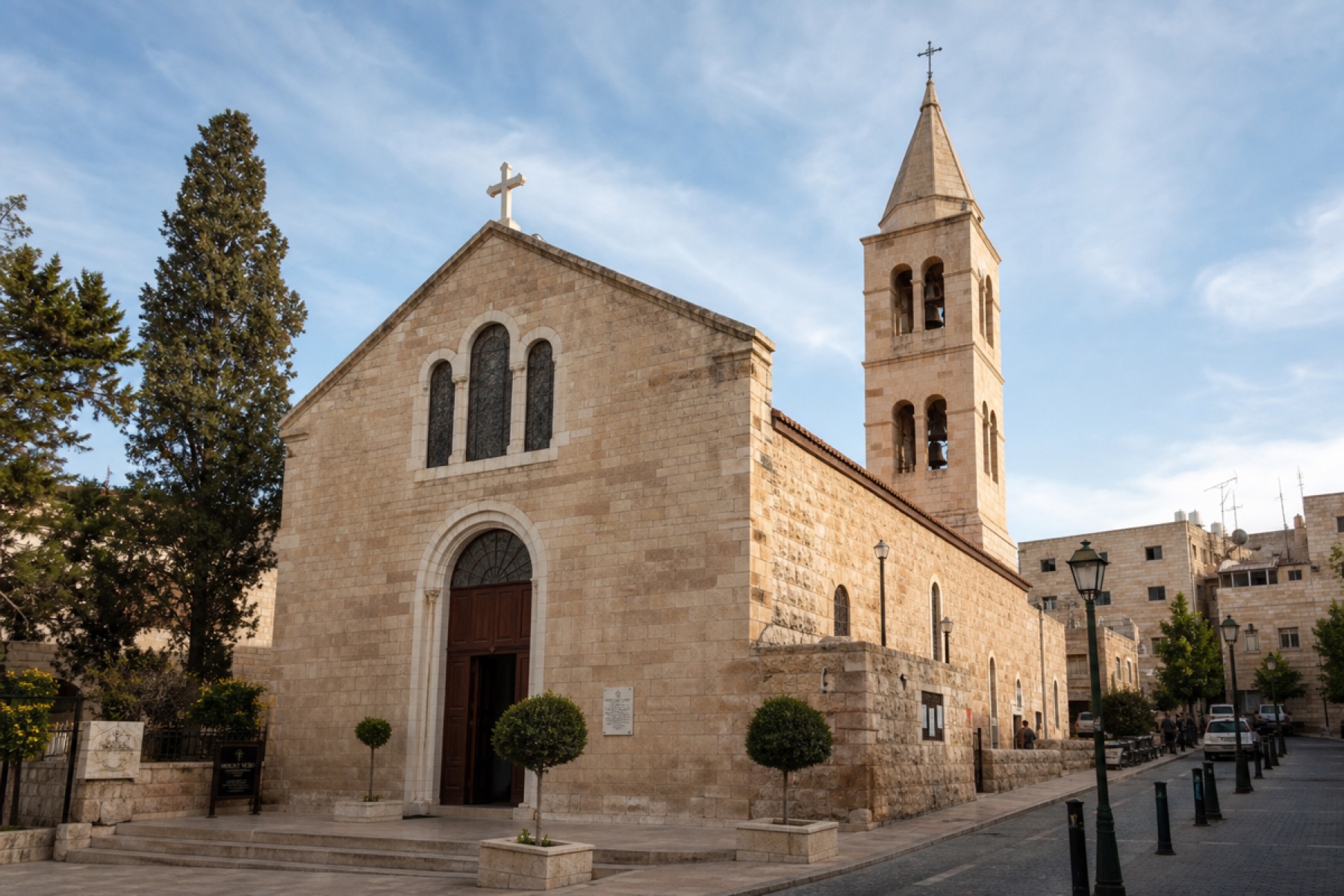 The Church of St. John the Baptist and its bell tower in Madaba