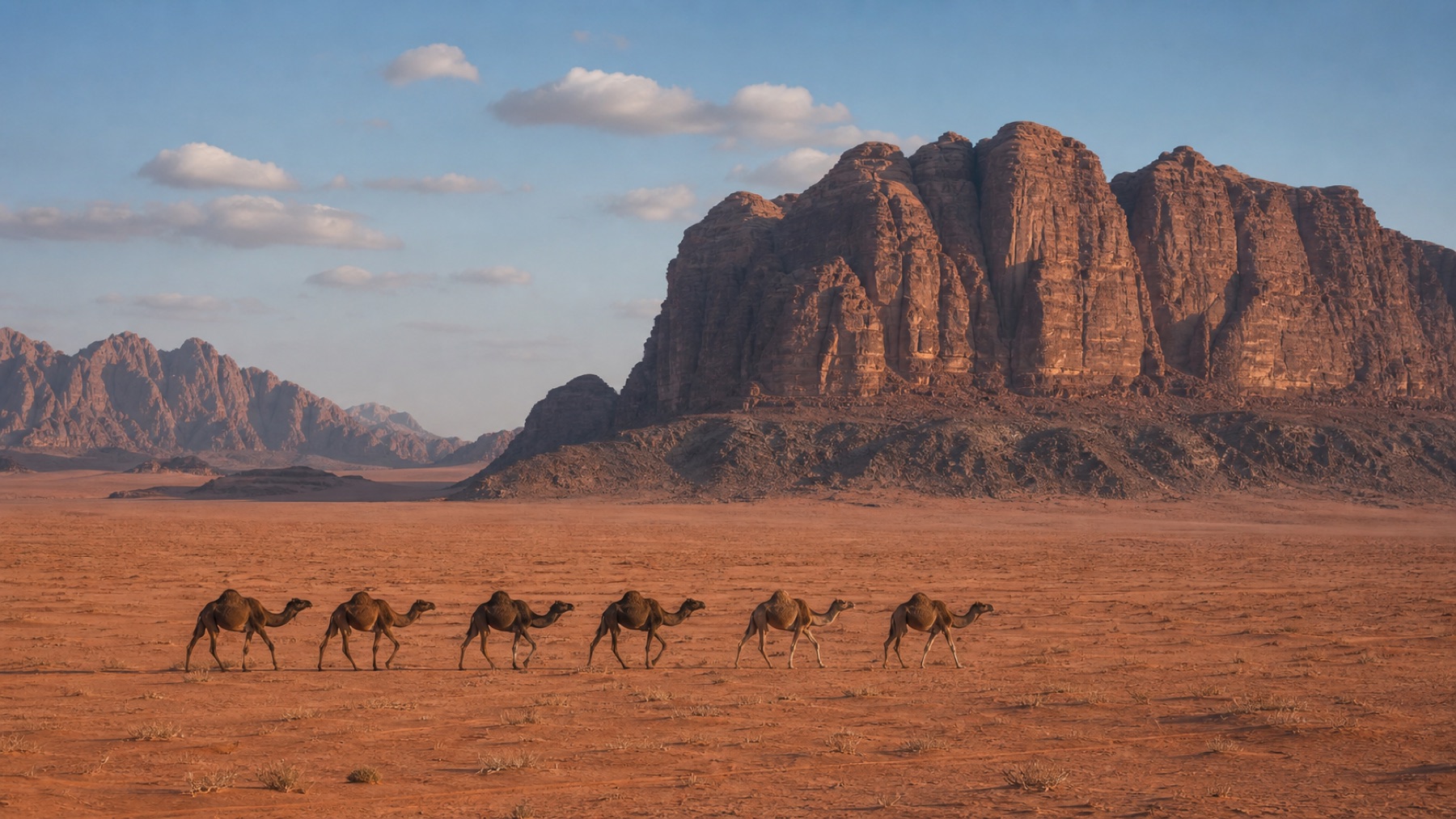 Camels crossing the Wadi Rum desert from a distance