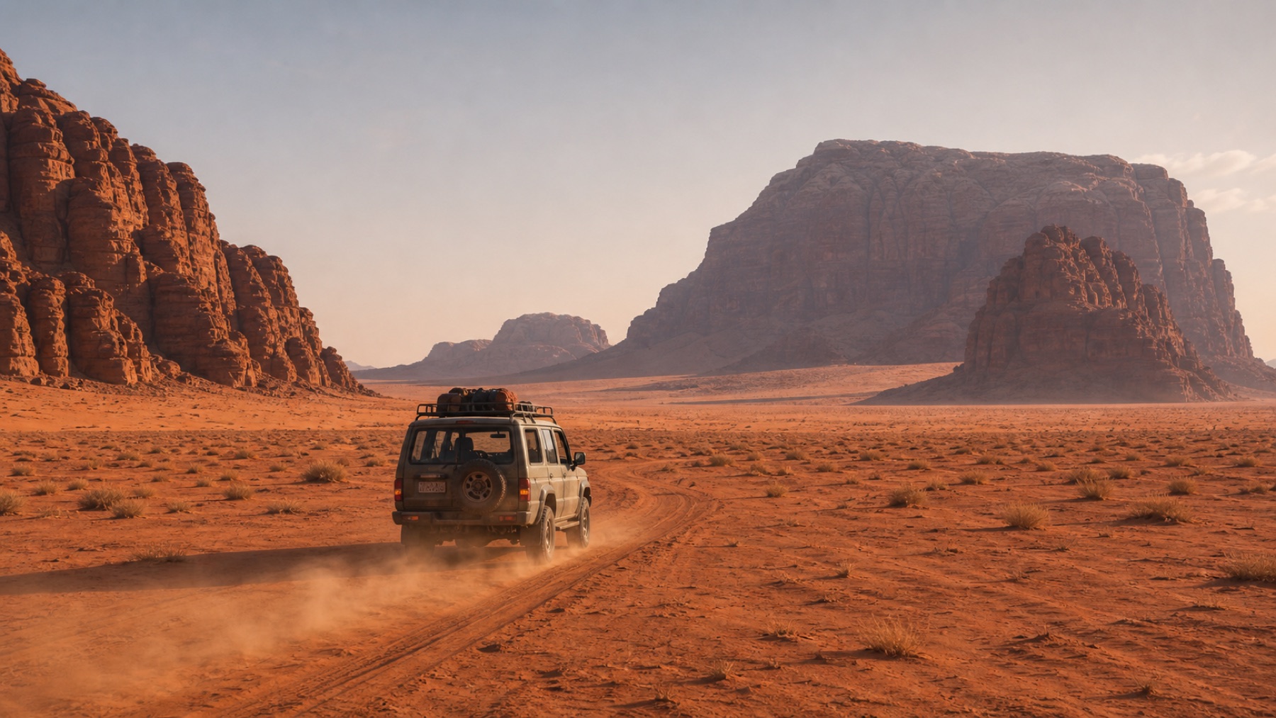 Jeep driving through the red desert of Wadi Rum