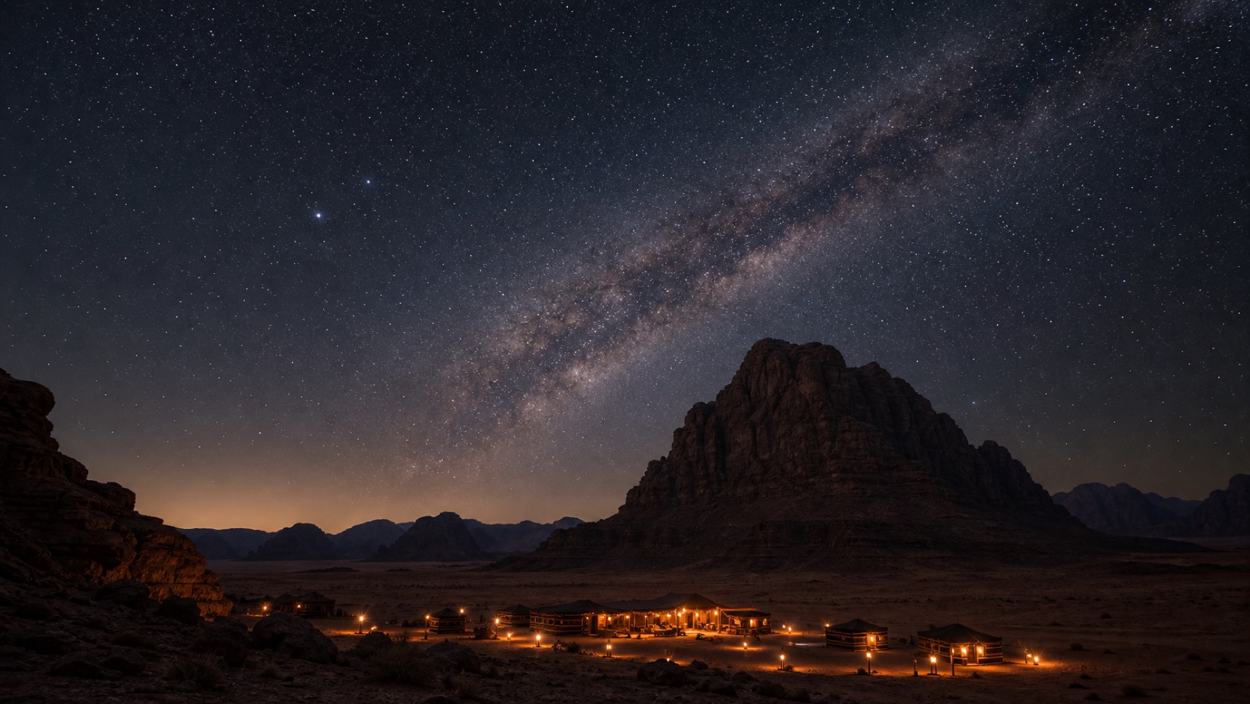 Starry night over a quiet Wadi Rum desert camp