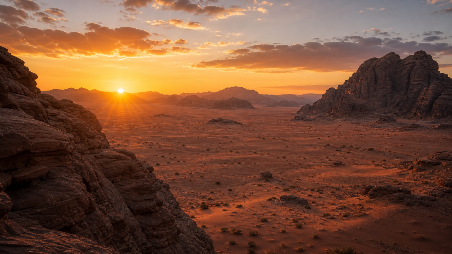 Sunset over red sand and sandstone cliffs in Wadi Rum